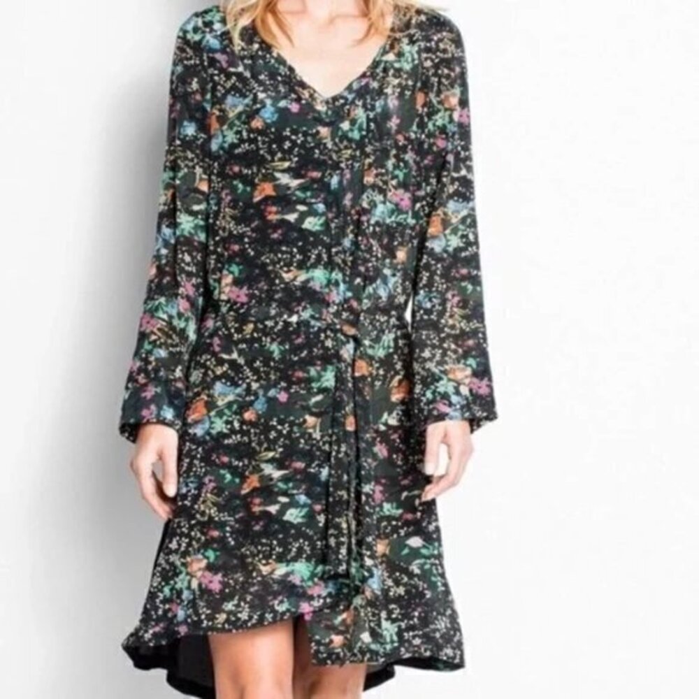 Zadig & Voltaire Sheer Viscose Rossignol Floral Draped Pleat Dress M Black/Multi